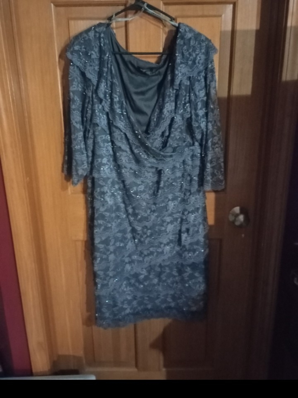 MARINA Dusty Blue Lace Midi Dress with Draped Cowl